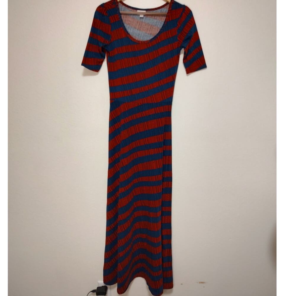 Lularoe Red Teal Blue Striped Short Sleeve Scoop Neck Maxi Shirt Dress Size Sm